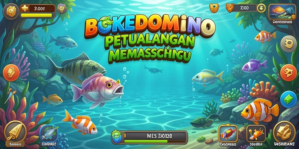 Tampilan gameplay seru dalam BOKEDOMINO saat memancing ikan.
