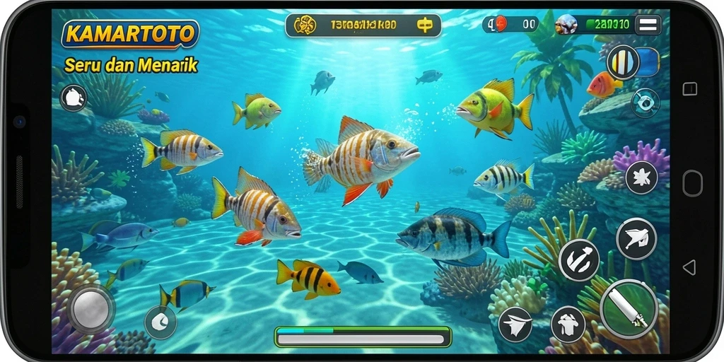 Screenshot gameplay KAMARTOTO menampilkan aksi menembak ikan yang seru dan dinamis.