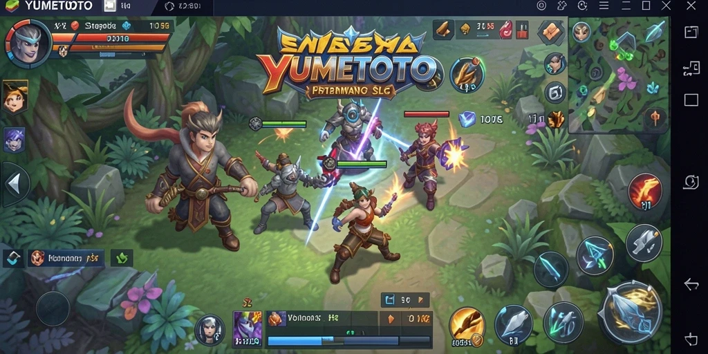 Screenshot gameplay YUMETOTO menampilkan strategi dan pertempuran yang intens.